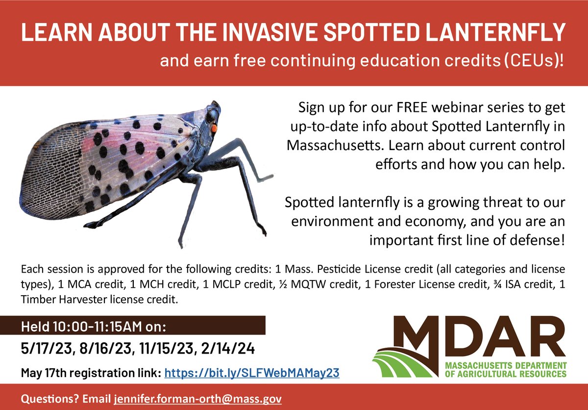 Massachusetts is holding another round of its quarterly spotted lanternfly webinars. Register now for the May event and earn free continuing education creds! massnrc.org/pests/blog/?p=…
