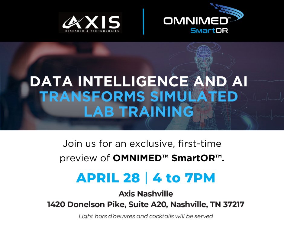 OMNIMED (@omnimedsmartor) on Twitter photo Join us for an exclusive, first-time preview of OMNIMED SmartOR this Friday, April 28th, 4 to 7 PM at <a href="/Axis_RT/">Axis Research & Technologies</a> Nashville!
bit.ly/3oIZc7R
#omnimed #medicaltechnology #omnimedsmartor #healthcare #riskbasedcorrectiveaction #omnisurgicalsuites Join us for an exclusive, first-time preview of OMNIMED SmartOR this Friday, April 28th, 4 to 7 PM at <a href="/Axis_RT/">Axis Research & Technologies</a> Nashville!
bit.ly/3oIZc7R
#omnimed #medicaltechnology #omnimedsmartor #healthcare #riskbasedcorrectiveaction #omnisurgicalsuites