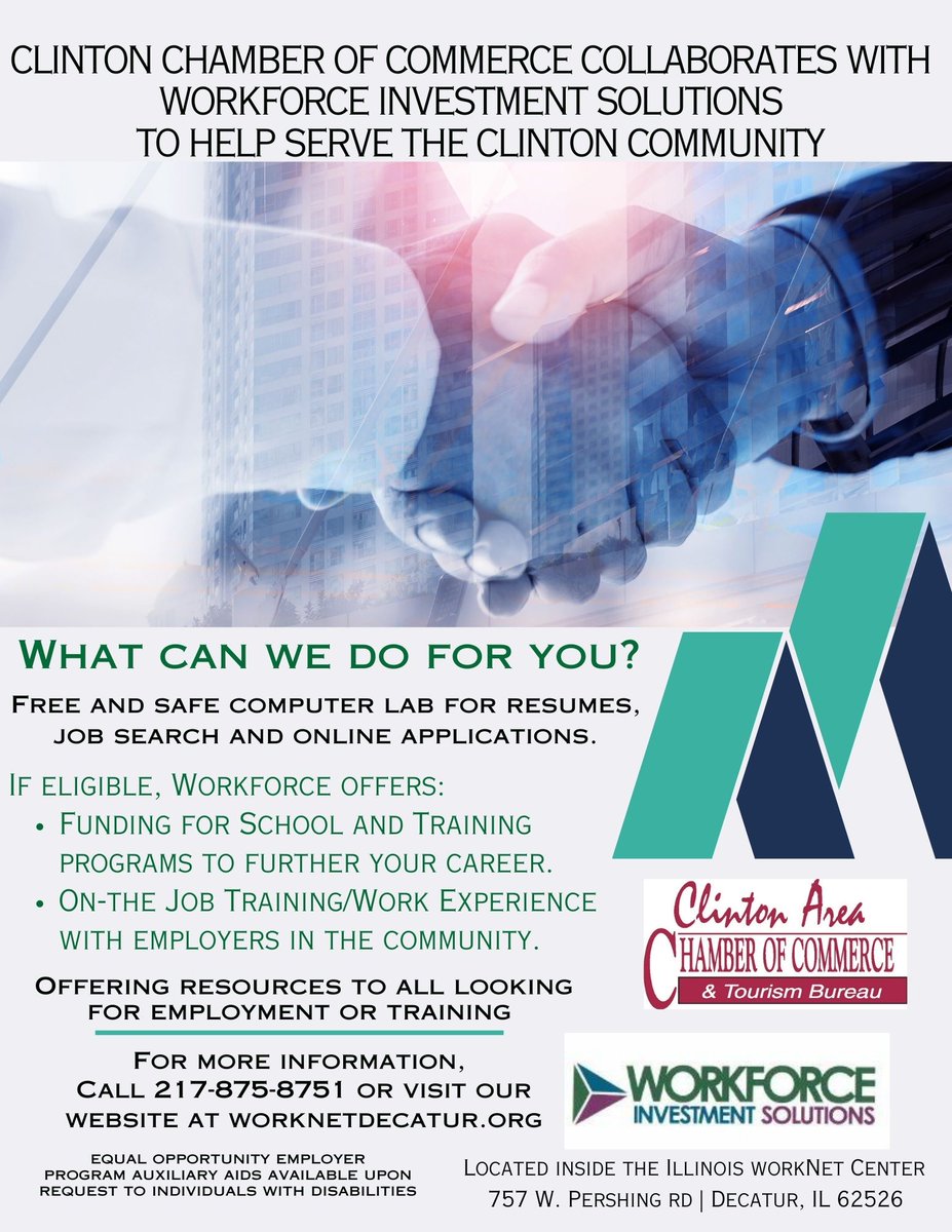Workforce Investment Solutions and the <a href="/Go_Clinton_IL/">Clinton Illinois</a> Chamber of Commerce are proud to serve the Clinton Community! Check out the many services we have to offer and find your solutions today at worknetdecatur.org