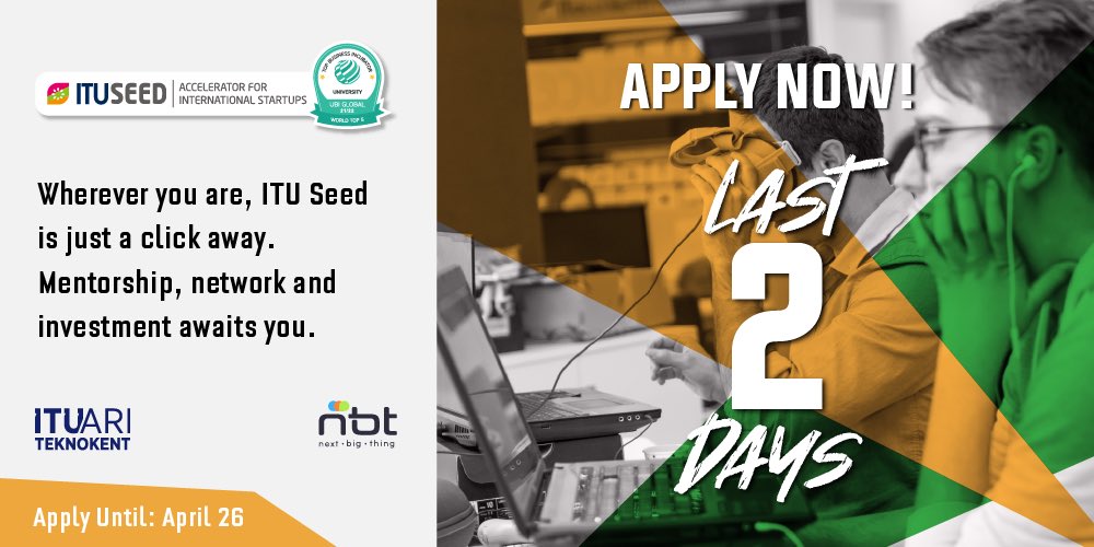 itucekirdek's tweet photo. Last 2 days to apply to ITU Seed, the bridge to global growth. 🚨
Apply now! 👉 https://t.co/zIxDZHbby9
#ITUSeed #Seedpower #Seedenergy #applytoITUSeed #globalprogramme https://t.co/dyQjlZgiyO