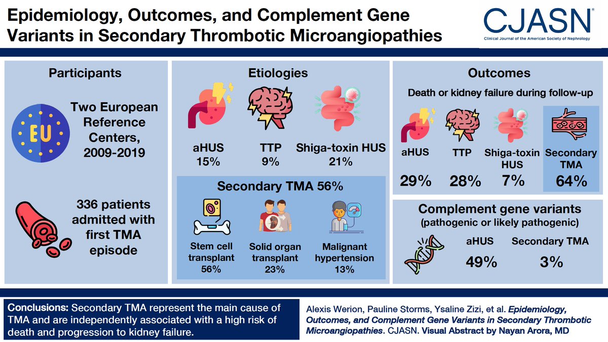 JohannMorelle's tweet photo. 1/ We are happy to share our last work ‘Epidemiology, Outcomes, and Complement Gene Variants in Secondary Thrombotic Microangiopathies’ by @AlexisWerion, Pauline Storms et al., just released online @CJASN https://t.co/fOjRAh0uyH
A thread 🧵 https://t.co/WOuWbHUXXt