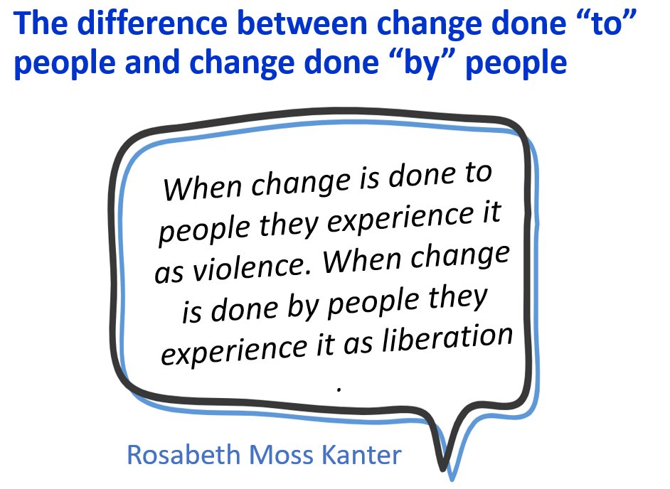 Q4: My advice to leaders? We should seek to always do change "with" and "by" people, through collaborative relationships &amp; co-production. When we do change "to" &amp; "for" people, it hardly ever works as well. Doing change "for" people (often with very good intentions) is a major