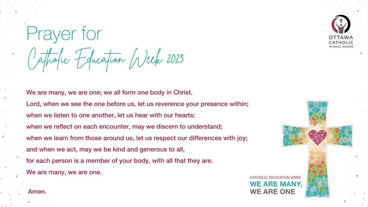 As we mark the beginning of Catholic Education Week, let us #PrayTogether and reflect on our theme, "We are Many, We are One." 🙏❤️ #CEW2023 #CathEdWeek #ocsbJoy #ocsbBeCommunity