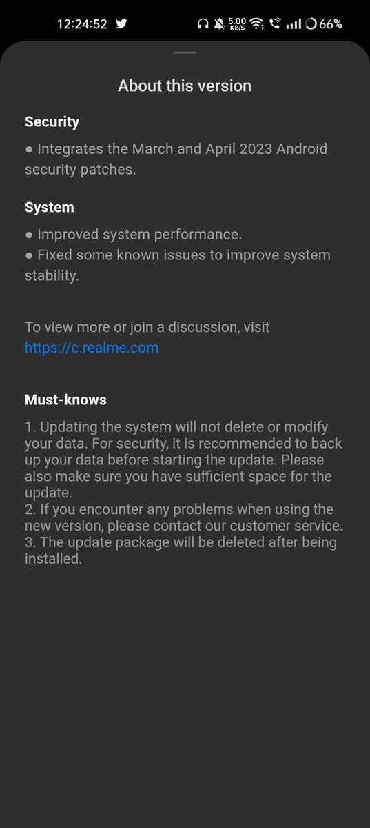 TechKard's tweet photo. Received new software update in my Realme 9 Pro 5G.
Update size :1.19GB
March and April 2023 Android security patch integrated.
#Realme #Realme9Pro #Realme9Pro5G @realmeIndia https://t.co/KsxywS3zU3