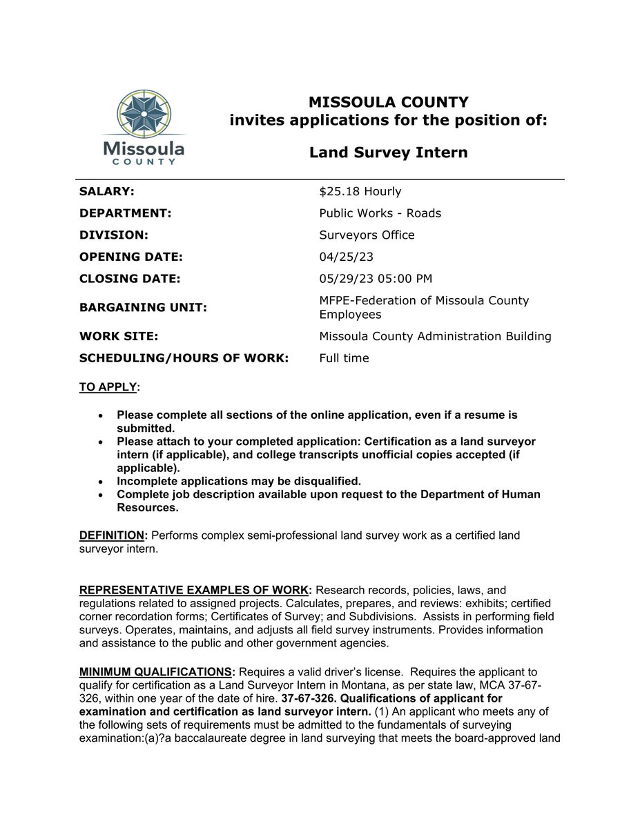 MslaCoPubWorks's tweet photo. Two positions opening in the Surveyors office of Public Works! Do you or someone you know fit the criteria? Take a look and apply at: https://t.co/hsMvYblSlA https://t.co/SV9VnYbdak