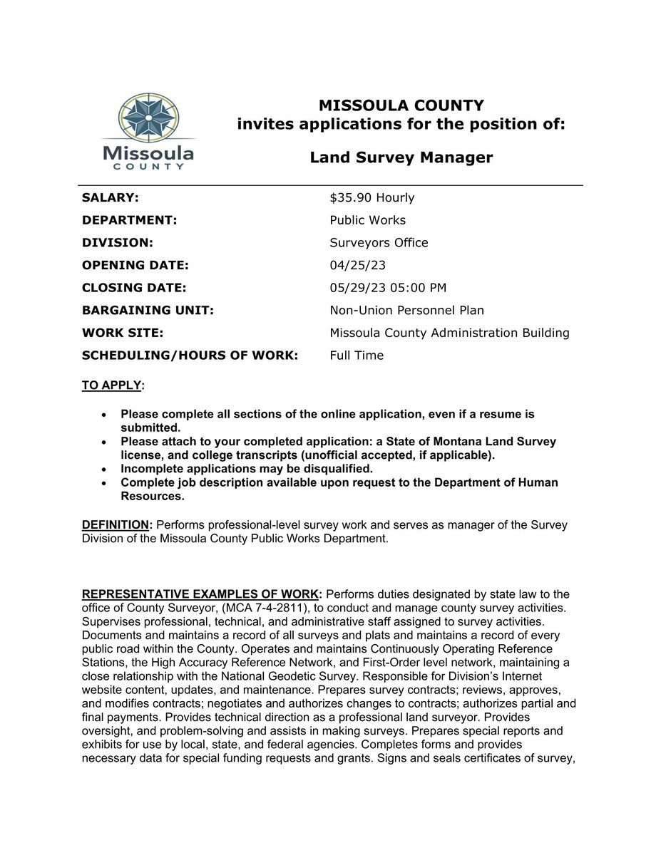 MslaCoPubWorks's tweet photo. Two positions opening in the Surveyors office of Public Works! Do you or someone you know fit the criteria? Take a look and apply at: https://t.co/hsMvYblSlA https://t.co/SV9VnYbdak