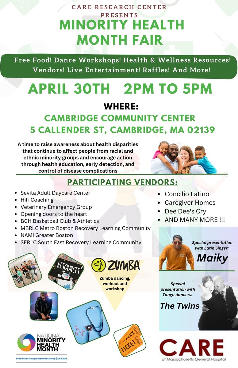 Join @MGHCAREResearch for our Minority Health Month Fair this Sunday, April 20th from 2-5pm at the Cambridge Community Center! #MinorityHealthMonth