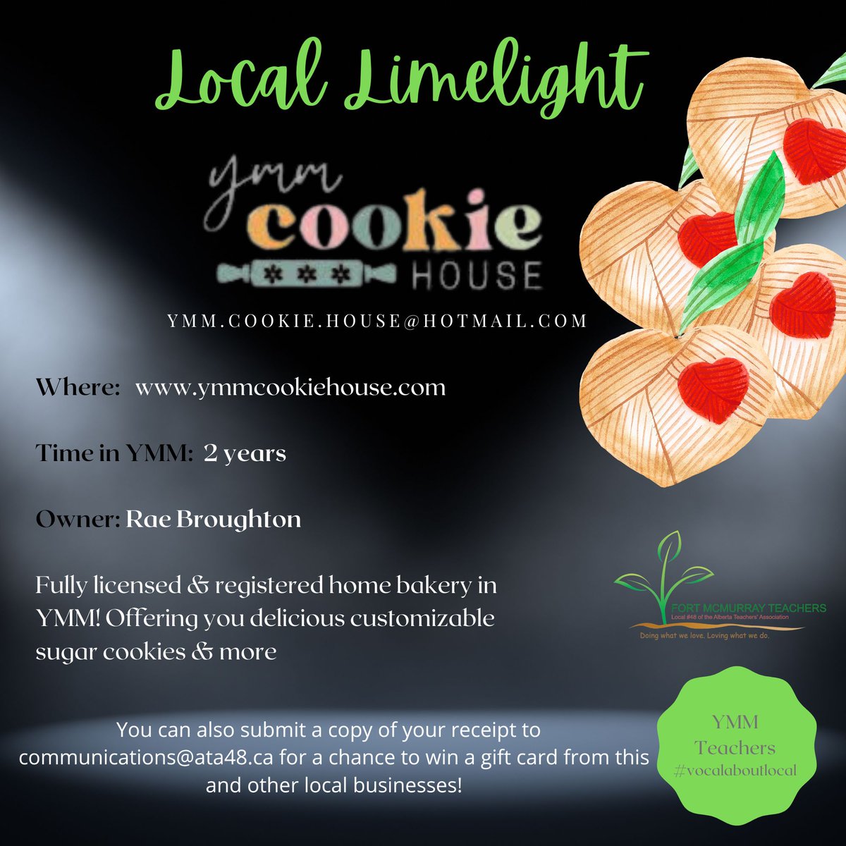 ATA Local 48 (@atalocal48) on Twitter photo Our newest Local Limelight partner is SWEET as SUGAR! Check out YMM Cookie House for all of your customized sugar cookies. Check them out at ymmcookiehouse.com
<a href="/ymmchamber/">Fort McMurray Chamber of Commerce</a>
#ymmteacher #vocalaboutlocal Our newest Local Limelight partner is SWEET as SUGAR! Check out YMM Cookie House for all of your customized sugar cookies. Check them out at ymmcookiehouse.com
<a href="/ymmchamber/">Fort McMurray Chamber of Commerce</a>
#ymmteacher #vocalaboutlocal