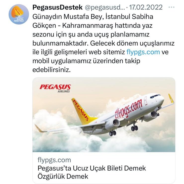 cafernalcaci's tweet photo. Tüm Türkiye'ye uçuyorken, Kahramanmaraş'ta uçaklarınız dolu gidip geliyorken neden seferiniz yok diye sorduk, verdiğiniz cevap üzdü. @ucurbenipegasus https://t.co/I5lm66KR9f