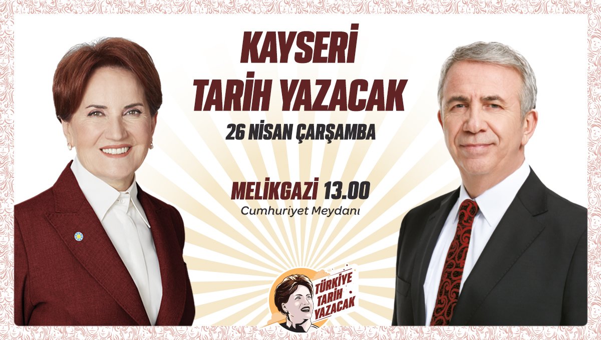Sayın @mansuryavas23 ile birlikte;

📍26 Nisan Çarşamba günü (yarın) 
🕐13:00'te Kayseri'de Cumhuriyet Meydanı'ndayız...

Hiç kimsenin endişesi olmasın;
14 Mayıs'ta #TürkiyeTarihYazacak!