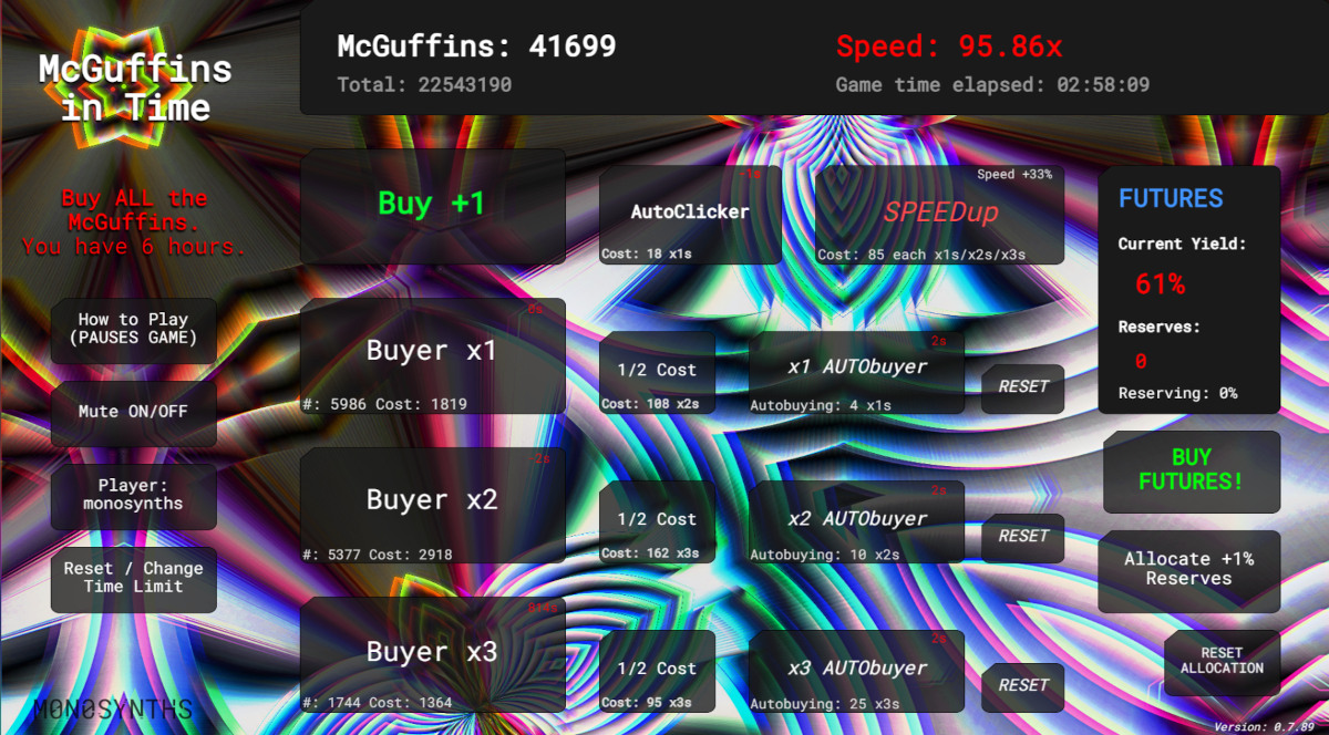 MONOSYNTHSgames's tweet photo. Coming in time for the #Gamedevjs Jam 2023 deadline: McGuffins FUTURES MARKET update. Buy/Sell McGuffins at high yields to win big, but be careful not to lose your reserves to entropy! Plus compounding SPEEDups! Watch https://t.co/pPy1ZyV6Ss for the 0.7.89 update later today! https://t.co/3n2uieDm9k