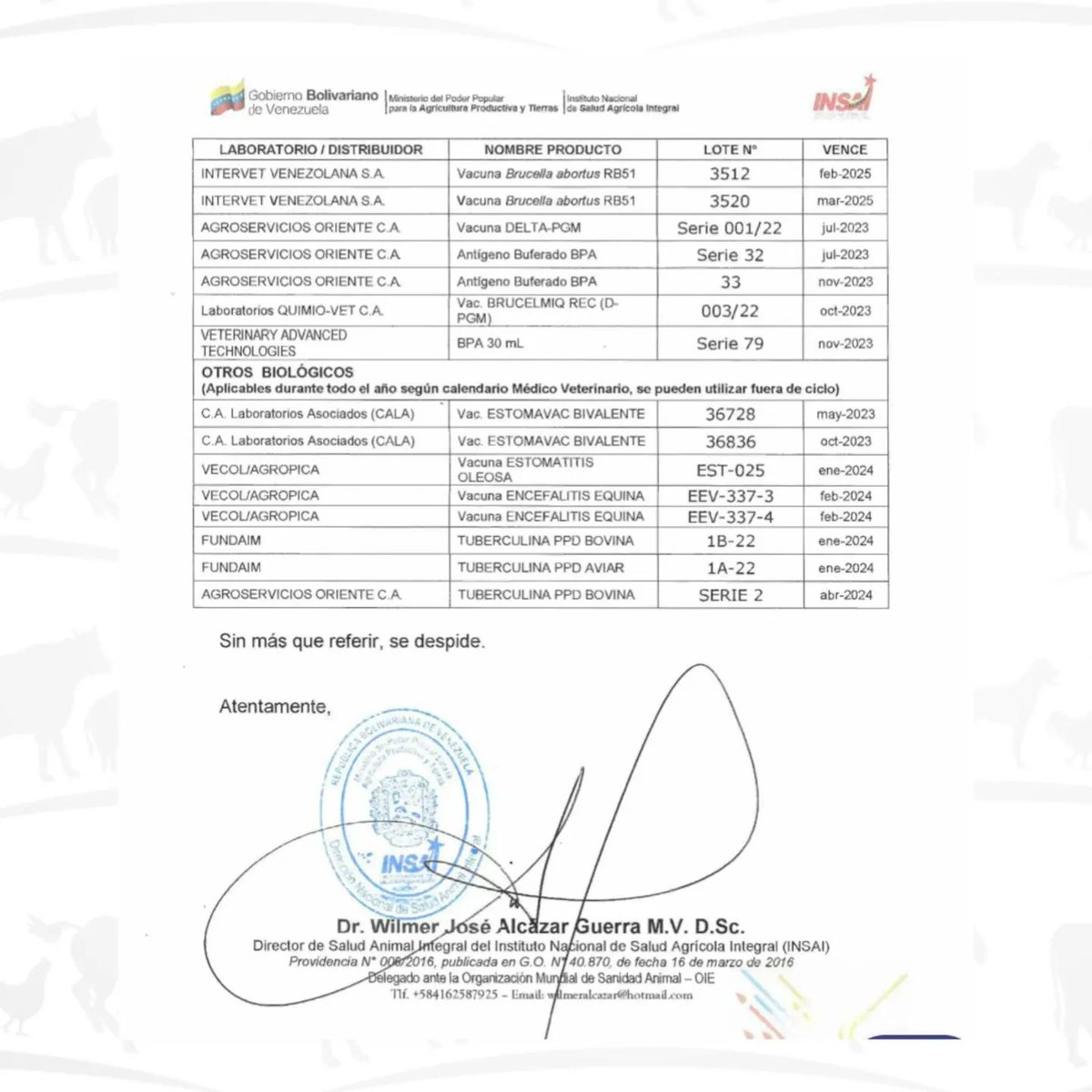 AvisaVenezuela's tweet photo. El INSAI, dió a conocer el lote de vacunas y biológicos que cuentan con la autorización de este organismo para el 1er Ciclo de Vacunación contra la Fiebre Aftosa del 2023. https://t.co/6nipiRHFVA