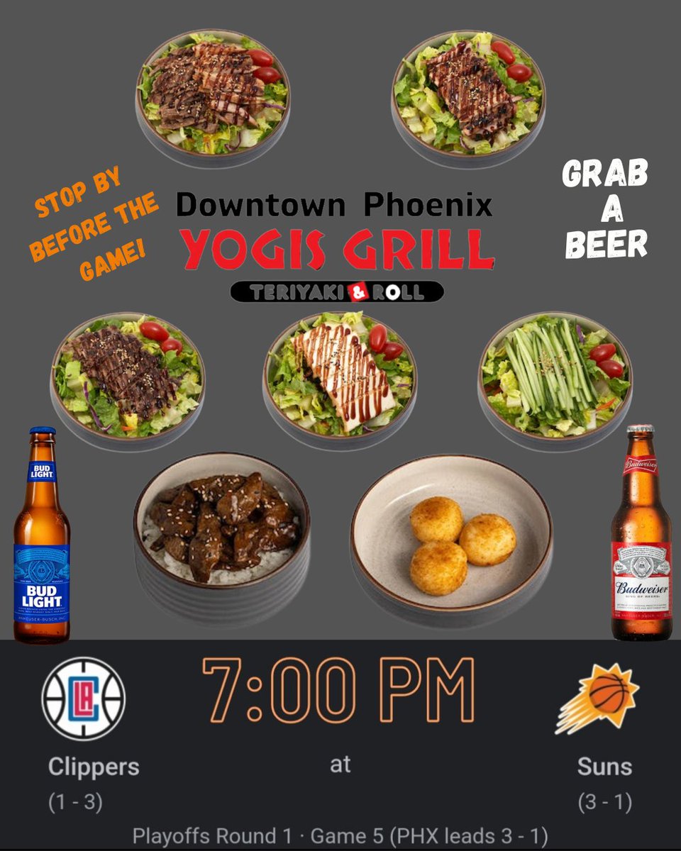 Hey everyone! Are you ready for some Teriyaki Tuesday action? 🍛🍺🏀 Come down to YOGIS GRILL in Downtown Phoenix before Game 5 of the Suns vs. Clippers series tonight #YogisGrill #TeriyakiTuesday #SunsVsClippers #DowntownPhoenix #JapaneseCuisine #Beer #GameDayEats 🍽️🍻🏀