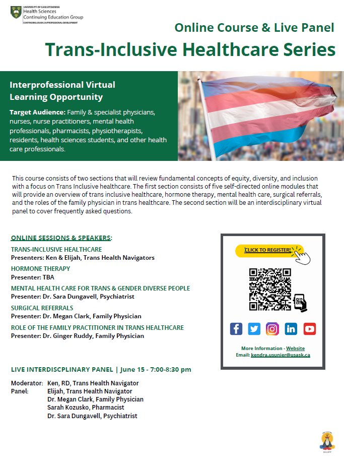 We're excited to announce the NEW Trans-Inclusive Healthcare Series! The online course consists of 5 self-directed online modules starting May 15. Followed by an interdisciplinary virtual panel to cover FAQ on June 15. Registration is open! Learn more ow.ly/mOVp50NRQJM.