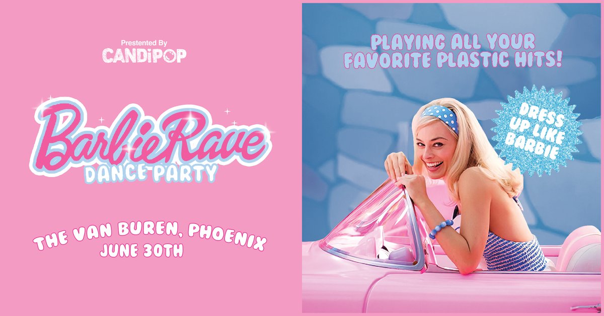 thevanburenphx's tweet photo. JUST ANNOUNCED! 💕@CandiPop101_'s @barbieraveparty is taking over The Van Buren on Friday, June 30! ✨ Barbie dress strongly encouraged. ✨ 

🎟️ Presale | Thursday, April 27 at 10AM | Code: VINYL
🎫 On Sale | Friday, April 28 at 12PM
👉 https://t.co/106w7R57Po https://t.co/KKQrNxbjCq
