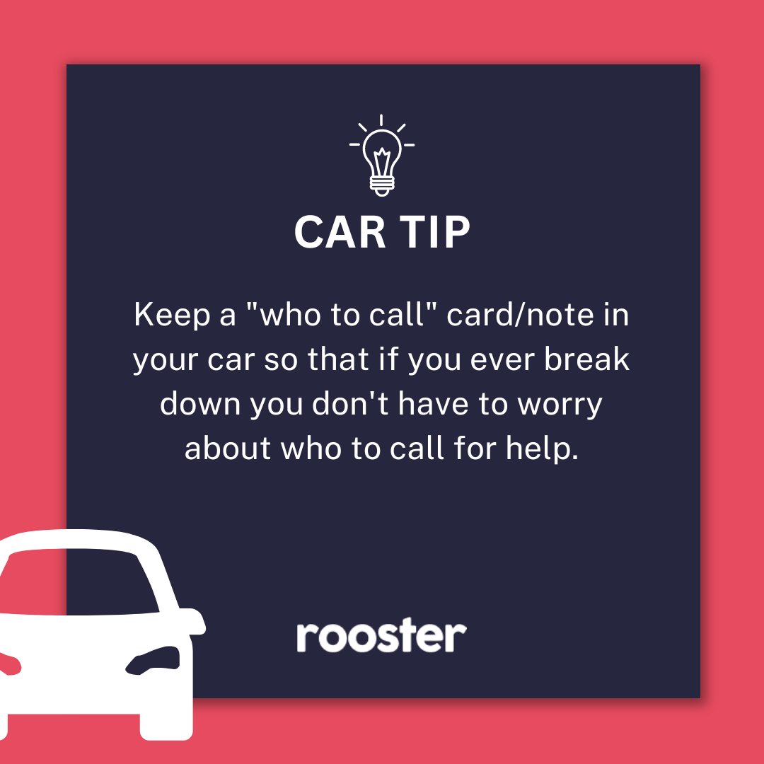 Car tip! 💡

Keep a 'who to call' card/note in your car so that if you ever break down you don't have to worry about who to call for help.

.
.
#roosterinsurance #cars #carinsurance #driving #ukinsurance #uk #insurance #cartip #usefulinfo #carhack #hacks #roadhack