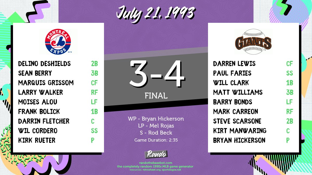 RandoBasebot's tweet image. Today&apos;s completely random game is @Montreal_Expos vs. @SFGiants on July 21, 1993. #RandoBasebot

🤖: randothebasebot.com/?game=MON_SFN_…