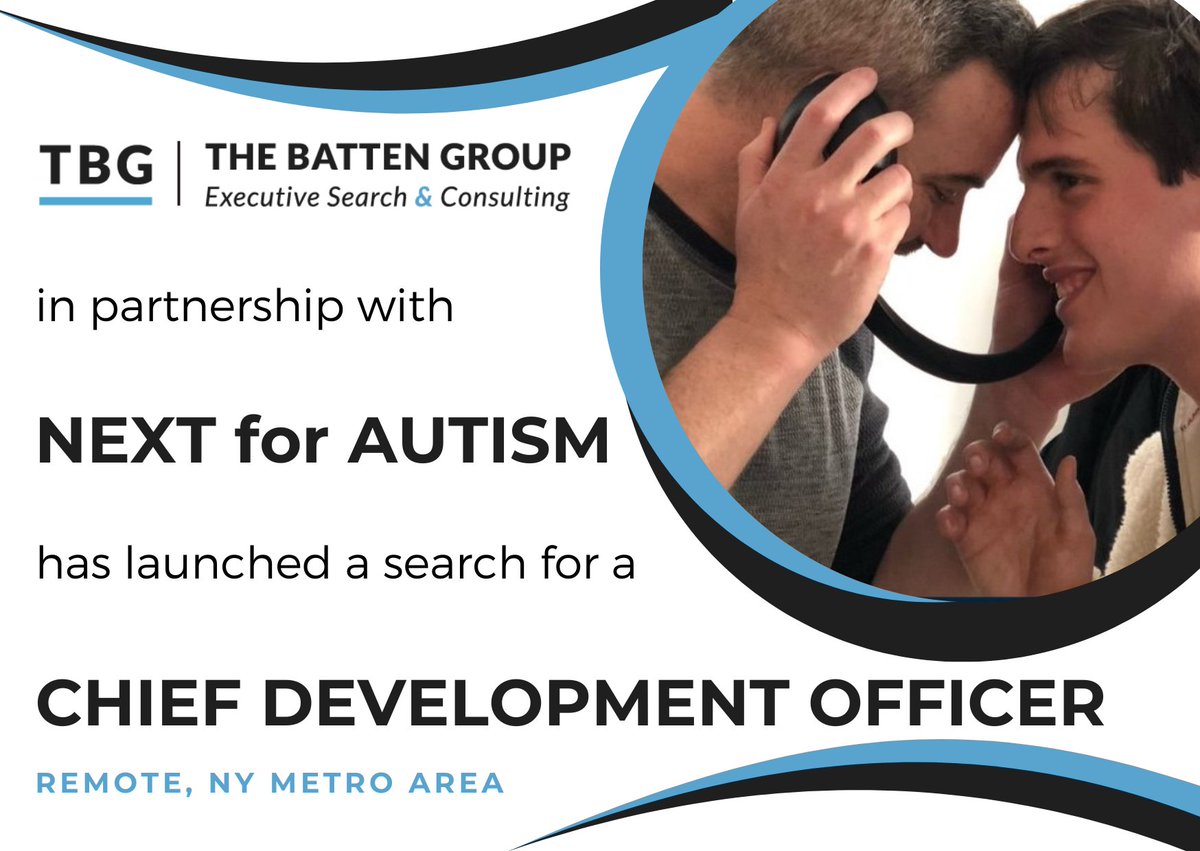 TheBattenGroup's tweet photo. Calling all #fundraising professionals! Are you the next #ChiefDevelopmentOfficer for @NEXTforAUTISM? Great organization, and you get the chance to make a real difference! Join us in revolutionizing service access 4 people with #autism. #nonprofitjobs #nonprofitleadership https://t.co/mUkrxScsAI