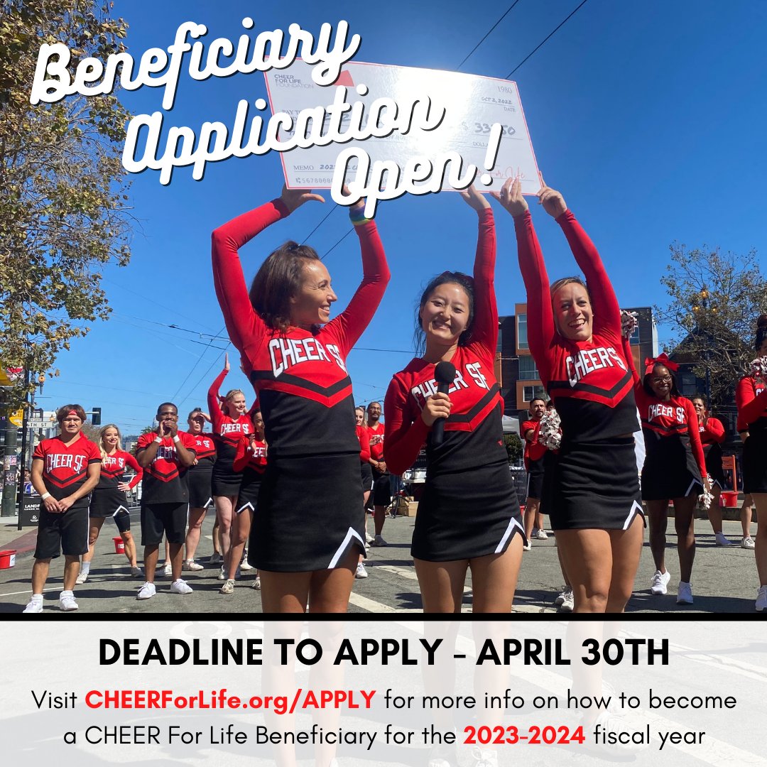 CHEERSF's tweet photo. BENEFICIARY APPLICATIONS - Deadline to apply is April 30th!

Visit https://t.co/yOwLfx6YIO for more info on how to become a beneficiary for our 2023-2024 season.

Apply today or share with an organization you care about!
.
#cheerforlifefoundation #CHEERSF https://t.co/GycB2ABlHE