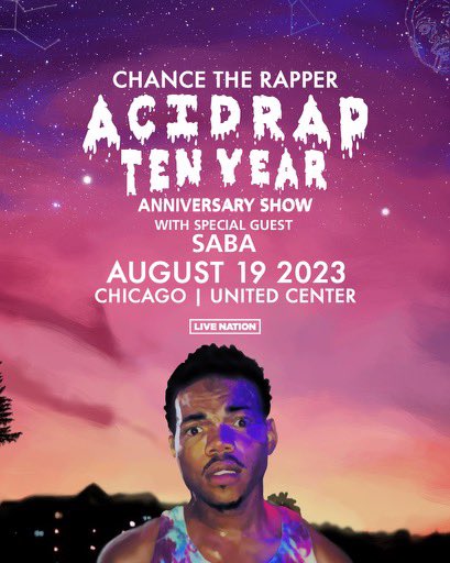 sabaPIVOT's tweet photo. 10 years of ACID RAP for @chancetherapper . thank u for having me . Chicago we at the United Center https://t.co/ttwn4mRzsv