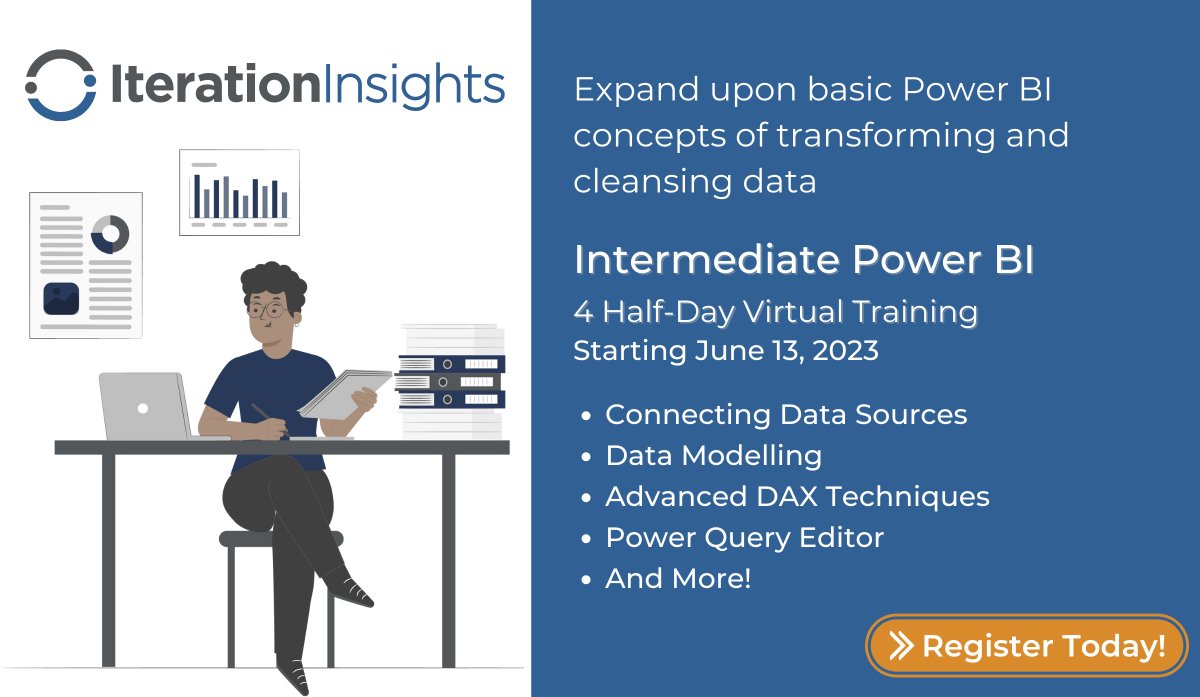 iterinsights's tweet image. Clean data is a 4 Half-day webinar away!
Expand on basic Power BI concepts while using #PowerQueryEditor, writing basic DAX expressions, publishing #DashboardVisualizations to end-users, and more.
Claim your spot today!
ow.ly/omIs50NRyBA