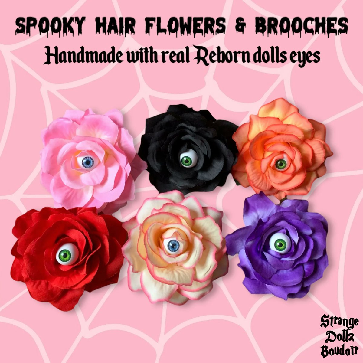 StrangeDollz's tweet photo. 🌹👁️ NEW ! These spooky hair flowers / brooches are now available in our shop https://t.co/V9ND4uJ4Qr + You can also safely add them to your #Thronewishlist as we are a #ThronePartnerStore 👑🎁 #twitch #twitchtv #livestreamer #vtuber #spooky #gothic #Halloween #hairflower https://t.co/UIETsdkfkc