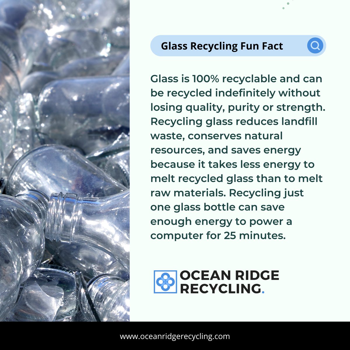 Glass Recycling Fun Fact!

Take action towards a sustainable future. Contact us today at info@oceanridgerecycling.com or call us at +1 (800) 277-3680 to get started.

#oceanridgerecycling #sustainablefuture #wastefree #ecofriendly #recyclingsolutions #sustainabilitymatters