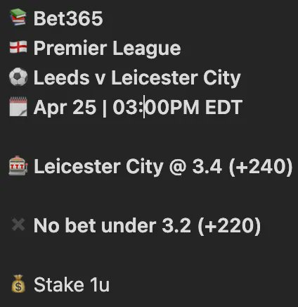 We caught Leicester City @ +240 this weekend 

Odds dropped a little and match is starting right now!

Let's make it now Leicester and bring us some green ✅ 

Join the Telegram if you want to access all the free bets. 📲 

#EnglishPremierLeague