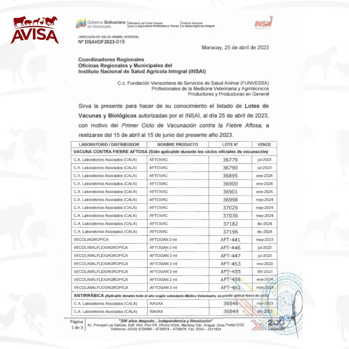 AvisaVenezuela's tweet photo. El INSAI, dió a conocer el lote de vacunas y biológicos que cuentan con la autorización de este organismo para el 1er Ciclo de Vacunación contra la Fiebre Aftosa del 2023. https://t.co/6nipiRHFVA