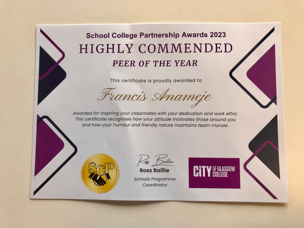 We are extremely proud of our S6 pupil Francis who was nominated by his peers from his Foundation Apprenticeship for the Peer of the Year Award @ the School College Partnership Awards tonight <a href="/CofGCollege/">City of Glasgow College</a> 
Well done Francis!!!👏