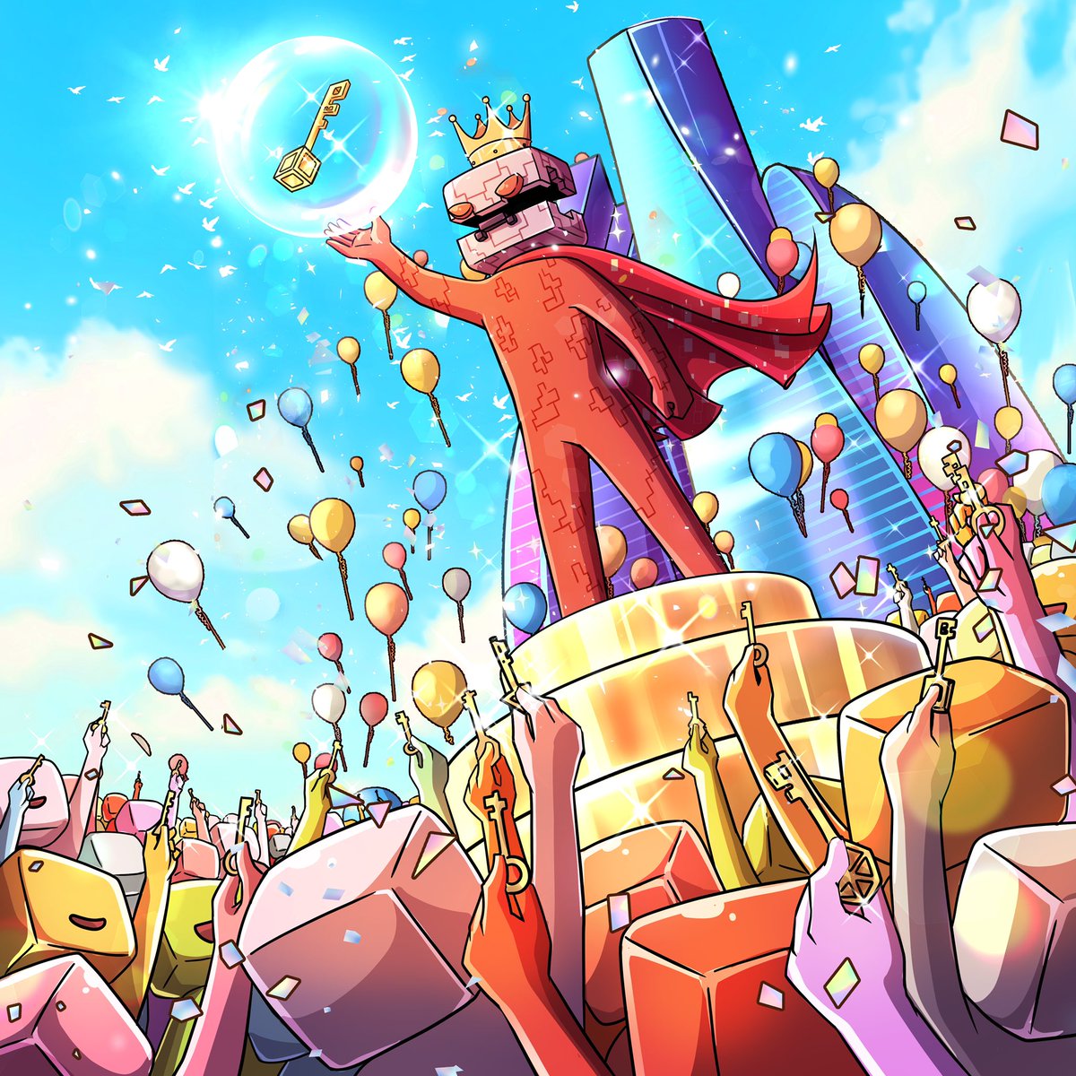 cubexnft's tweet photo. 🚨ALERT: There’s only 10 hours left to save the city! 🎈

As the clock strikes midnight the King will award the 20 Cubies who collected the most keys with… 🔑

Their very own luxurious sky high penthouse! That’s right! 10 hours left tick tock! ⏰ https://t.co/MUMWi2dK4G
