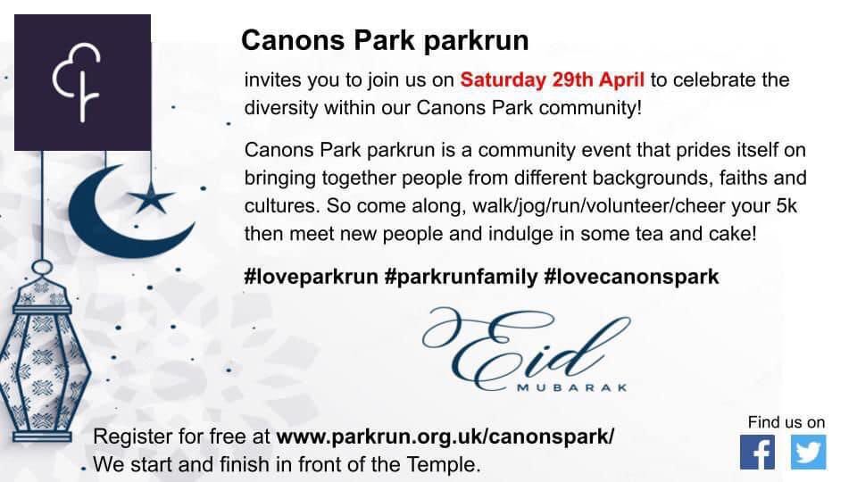 Come and join us for our annual Eid celebration this Saturday! #lovecanonspark #parkrunfamily