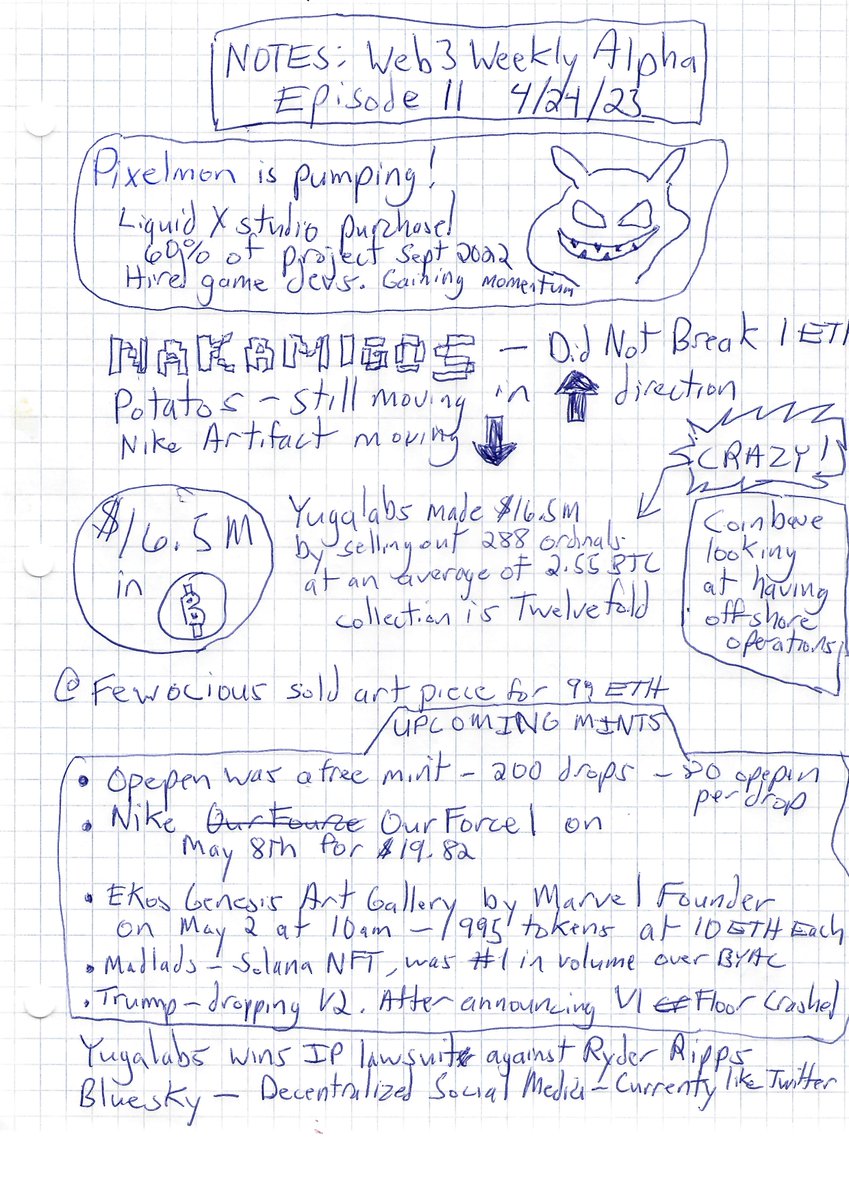 nftorlandofl's tweet photo. My notes on @serpunketh's 4/24/23 WEB3 WEEKLY ALPHA EP11. I'm telling you don't sleep on this content! #Web3 #web3CFL #nftnews #cryptonewstoday @Web3CFL https://t.co/KN3839s3cI