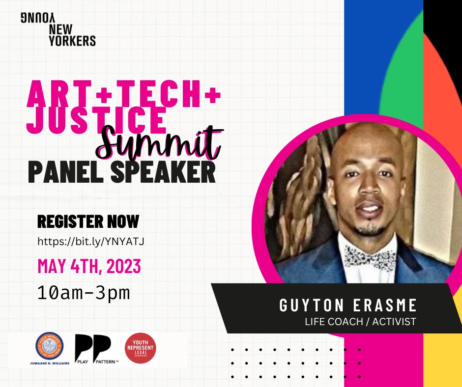 YoungNewYorkers's tweet photo. Meet our panel speakers for the Art+Tech+Justice Summit!
Bobbie Brown - Executive Director, Young New Yorkers
Guyton Erasme - Life Coach / Activist
Ronah Harris - CEO / Founder, Play Pattern
Join us May 4th!
Free Admission: https://t.co/bOLf766lVN
#ATJSUMMIT #ATJSUMMIT23 https://t.co/sledf7uIce