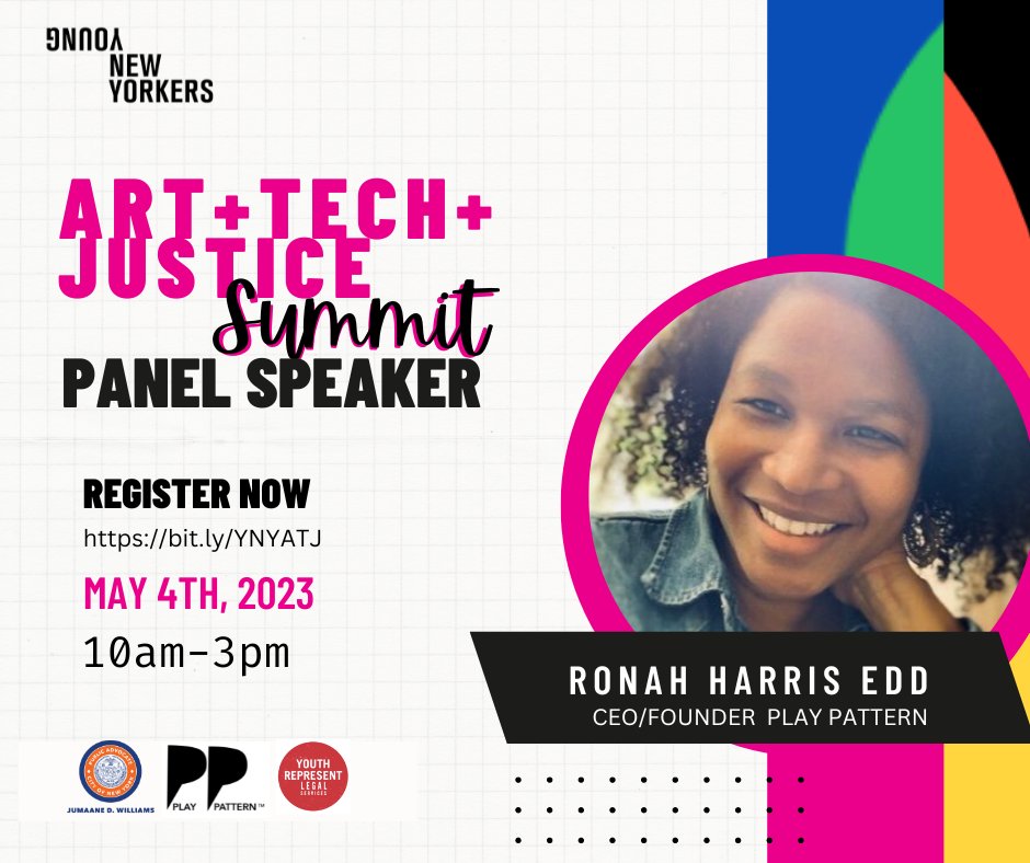Meet our panel speakers for the Art+Tech+Justice Summit!
Bobbie Brown - Executive Director, Young New Yorkers
Guyton Erasme - Life Coach / Activist
Ronah Harris - CEO / Founder, Play Pattern
Join us May 4th!
Free Admission: eventbrite.com/e/597059329527
#ATJSUMMIT #ATJSUMMIT23