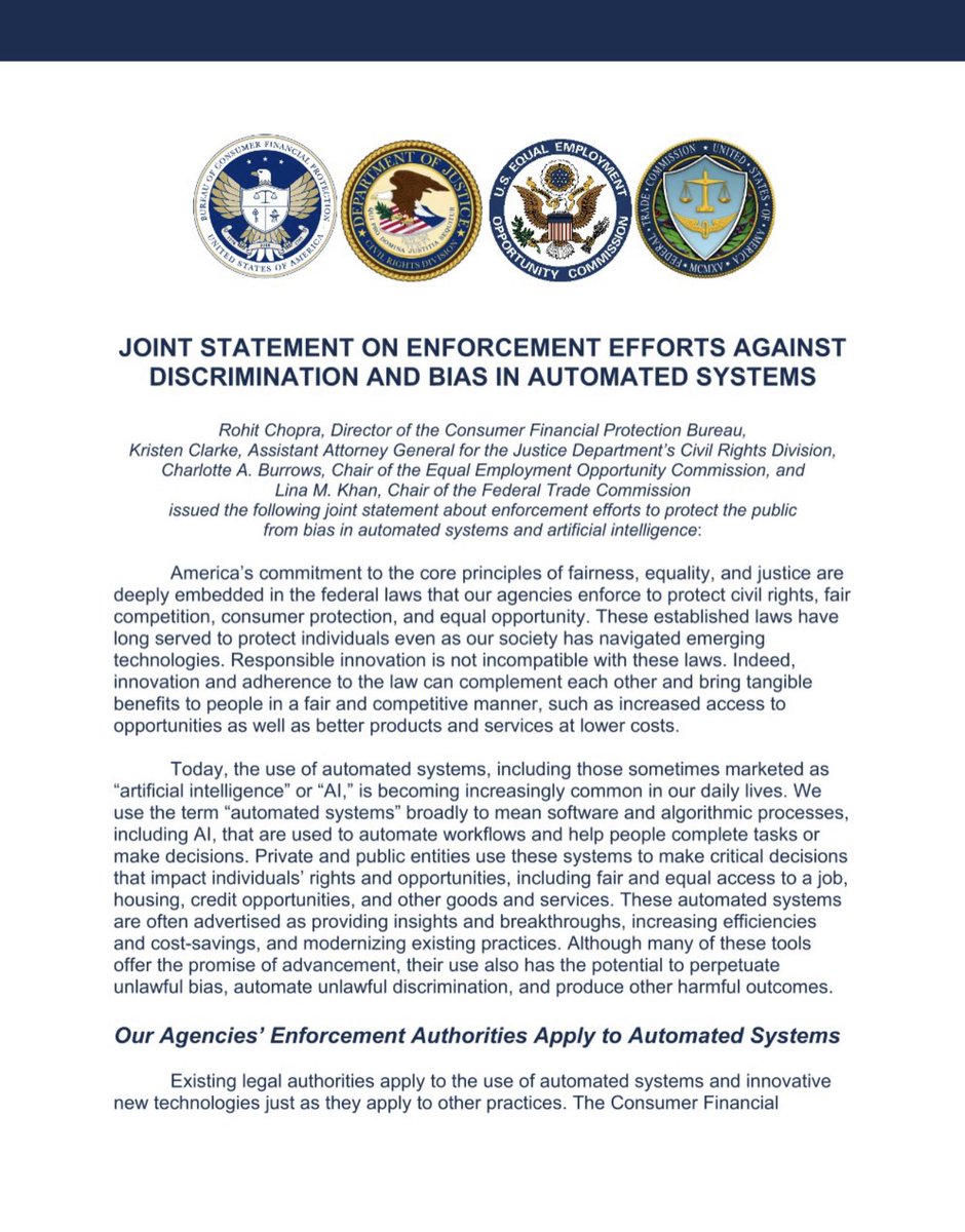 franklingraves's tweet image. 🚨Four Federal agencies just released a joint statement on #AI and related #ArtificialIntelligence technologies 🚨
It’s time to buckle up 👨🏻💻
The AI regulatory and policy space in the US is about get VERY busy.