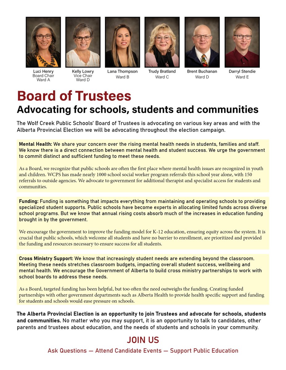 pes.wolfcreek.ab.ca/home/news/post… - CLICK for a WCPS Board of Trustees Advocacy document that addresses issues regarding education in the upcoming provincial election.