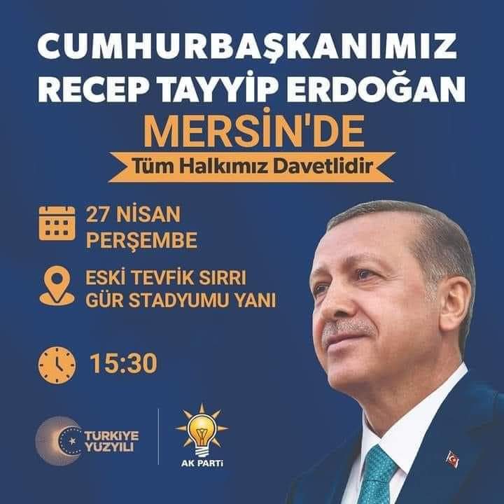 HAYDİ MERSİN!

Sayın Cumhurbaşkanımız Recep Tayyip Erdoğan 27 Nisan Perşembe günü Akdeniz'in incisi güzel kentimiz Mersin'imizi teşrif edecektir. Katılımınız bizler için kıymetlidir. 

Birlik, beraberlik, kardeşlik içerisinde buluşmak dileğiyle...

DOĞRU ZAMAN 🇹🇷
DOĞRU ADAM 🇹🇷
