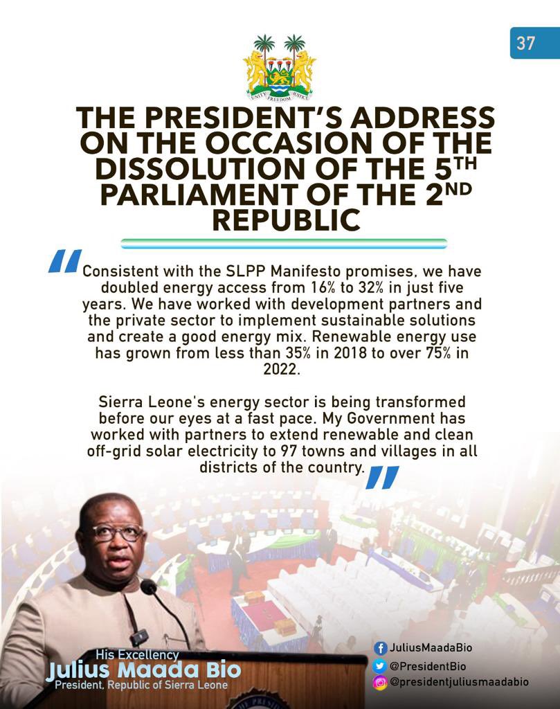 julius_maadabio's tweet photo. Excerpts of my Message on the Occasion of the Dissolution of the Fifth Parliament of the Second Republic of Sierra Leone: 25/04/2023
#TheNewDirectionAgenda
#SLPP4DEVELOPMENT
#5Done5MoreToGo https://t.co/5mjlpgi0l0