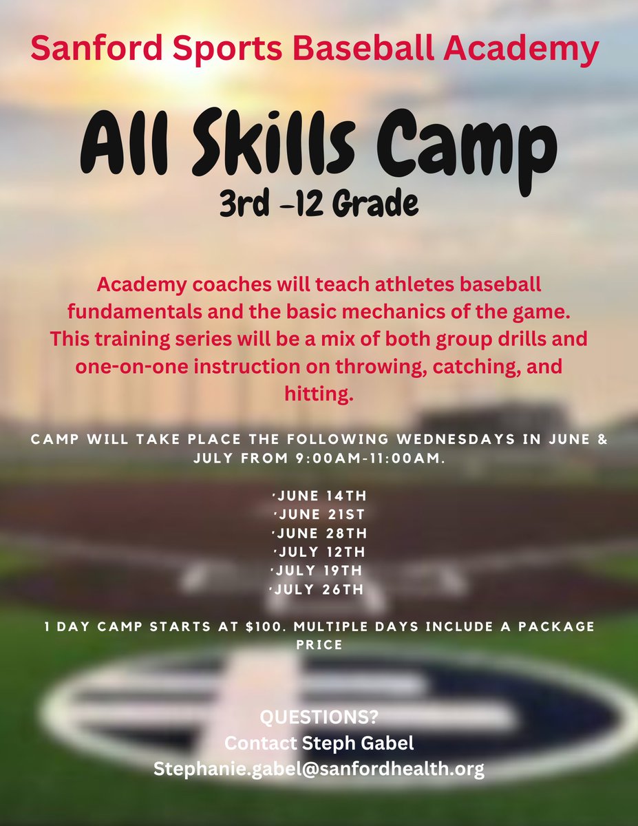 Looking for a baseball camp this summer? Sanford Sports Baseball Academy will be hosting an All Skills Camps on Wednesday's in June and July! Registration Link: sanfordsports.sportngin.com/register/form/…