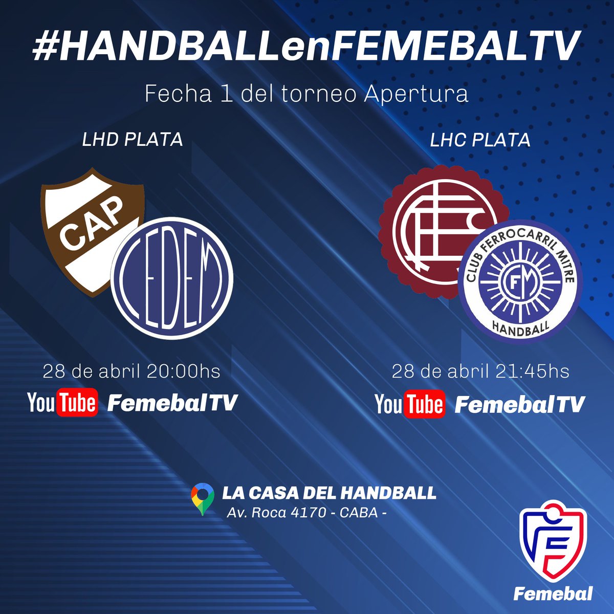 ¡Vuelve el handball #porFemebalTV! 

Este viernes, desde La Casa del Handball, te esperamos para vivir dos partidos de las Ligas de Honor Plata. 

⚔️ <a href="/PlatenseHB/">Platense Handball</a> - <a href="/HandballCeDeM/">Handball Ce.De.M.</a> (damas)
⏰ 20:00

⚔️ <a href="/LanusHandball/">Handball Lanús</a> - <a href="/HandballMitre/">Handball Mitre</a> (caballeros)
⏰ 21:45
