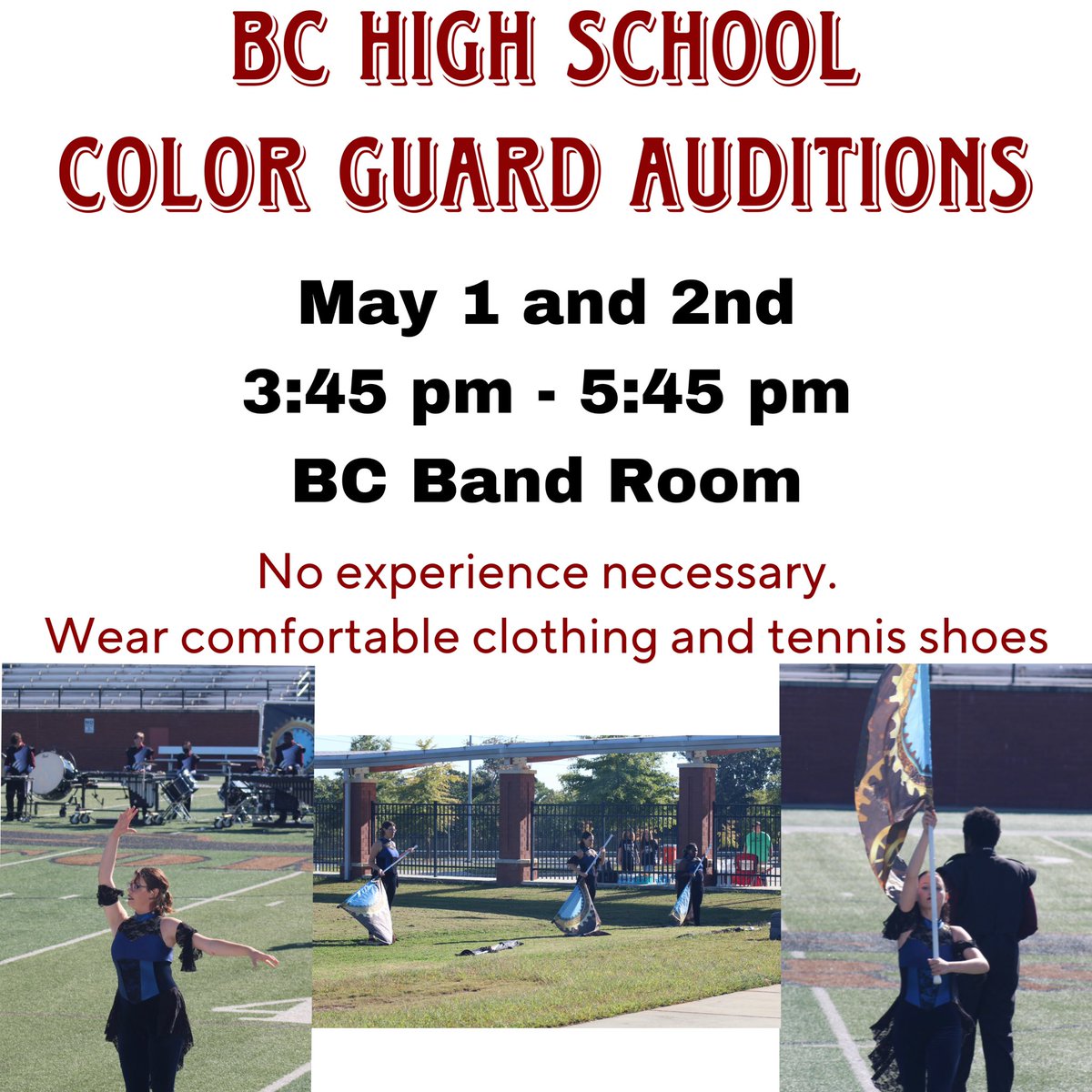 BCHS_Band_29033's tweet photo. BC High School Color Guard auditions are Monday, May 1st and 2nd from 3:45 pm - 5:45 pm in the Band Room. All rising 7th-12th graders are invited to tryout. No experience necessary. Spread the word and bring a friend! #colorguard #dance #marchingband #highschool #caycesc https://t.co/aKY2Z5VoKe
