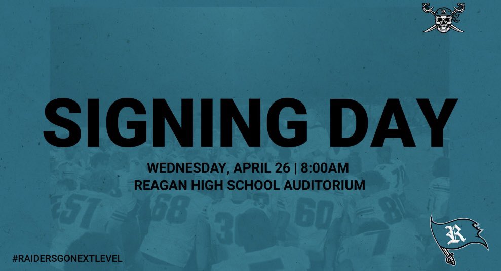 <a href="/RaidersFB/">Reagan Raiders FB</a> Signing Day No. 3️⃣

4️⃣ more Raiders are signing their NLI

<a href="/PurvisMakhi/">Makhi Purvis</a> &amp; <a href="/Nick_hall___11/">Nick hall</a> with <a href="/MarsHill_FB/">MHU Football</a> 

<a href="/tsion_saunders/">Tsion Saunders</a> with <a href="/BH2OFootball/">Bridgewater Football</a> 

<a href="/CjMccoy11/">Cj Mccoy</a> with <a href="/Methodist_FB/">Methodist University FB</a> 

Tomorrow (4/26) @ 8am in the <a href="/RRHSAthletics/">Reagan Athletics</a> Auditorium

<a href="/coachjtmcgee/">Josh McGee</a> 
#RaidersGoNextLevel
