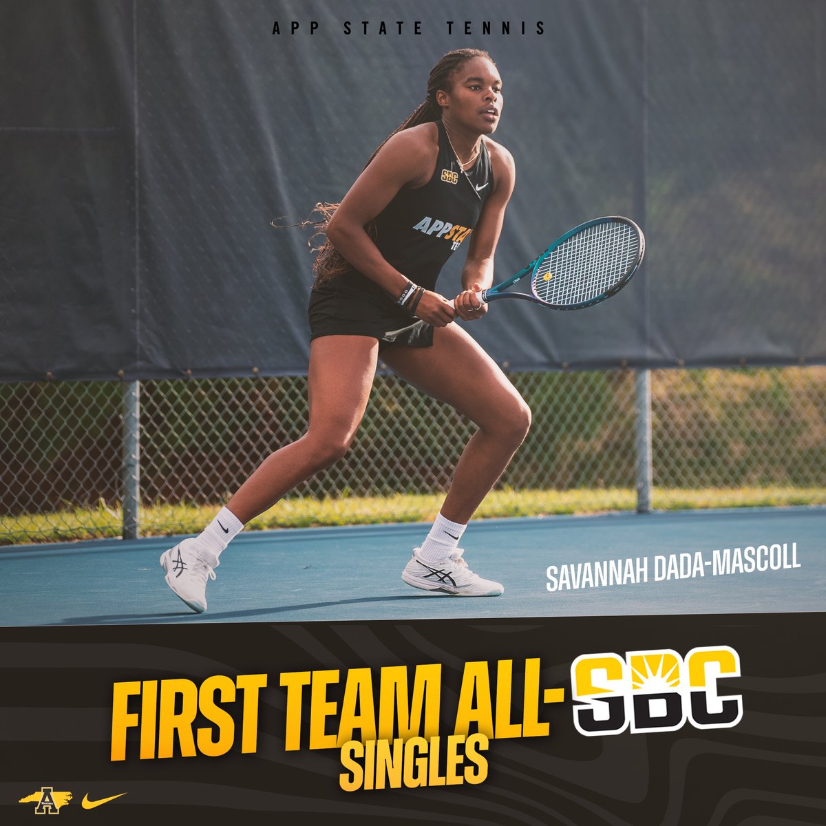 Congrats to freshman Savannah Dada-Mascoll on being named first-team All-<a href="/SunBelt/">Sun Belt</a> in singles!

She and the #5 seed Mountaineers will start off conference tourney play at 9:30 AM tomorrow against #12 seed Georgia State.

📰 goapp.st/3N8WYc0

#OneWay