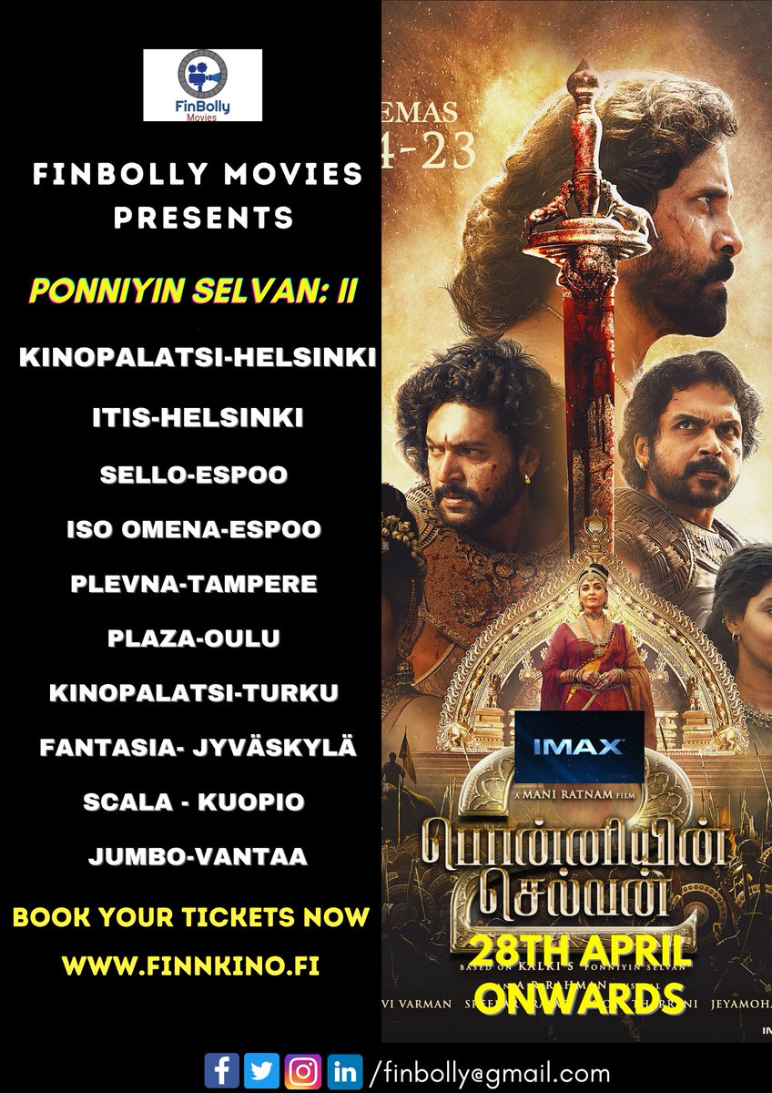 FinBolly's tweet photo. #PonniyinSelvan2 
Advance booking is open for PS-2 
8 cities &amp; 10 locations &amp; more than 30 screenings in the 1st week. https://t.co/m6OnfalqzW
 #intialainenelokuva  #indiansinfinland #kollywoodcinema #tamilcinema #tamilsinfinland #leffa #spreadthehistoryofcholas @Finnkino_FI https://t.co/0AGHiEOk7v