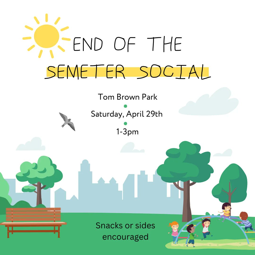 Please join us for an end of the semester social at Tom Brown Park on Saturday 4/29 from 1-3pm. We encourage everyone to bring snacks. The social is open to students, friends, faculty, staff, and guests of the history department. Hope to see you there!