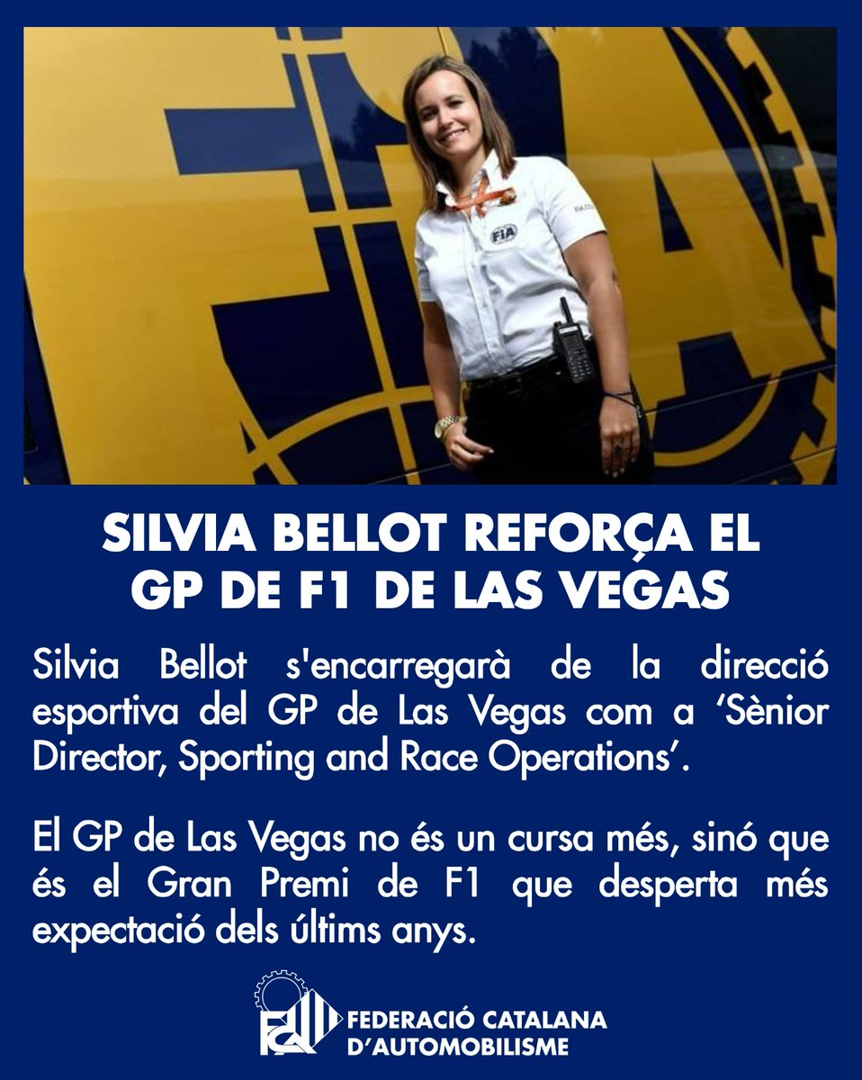 📢 SILVIA BELLOT REFORÇA EL GP DE F1 DE LAS VEGAS
➡️ Silvia Bellot s'encarregarà de la direcció esportiva del GP de Las Vegas

#FCAutomobilisme #motorsport #automobilisme #f1 #silvia #bellot #direccio #esportiva #cursa #gp #lasvegas
