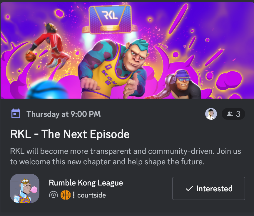 RumbleKongs's tweet photo. Join us this Thursday for an exceptional Discord Courtside meeting. 

What: Learn how RKL could become more transparent and community-driven.
When: Thursday, May 27th, 3pm Eastern
Where: https://t.co/GMGcqtwNXG

See you there! 🏀 https://t.co/YTumFgMqgc