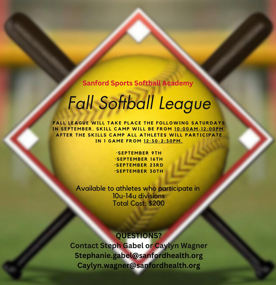 It's never too early to sign up for our Fall Softball League ran by Sanford Sports Softball Academy! This is a great opportunity to get some skill work and games in during the month of September.