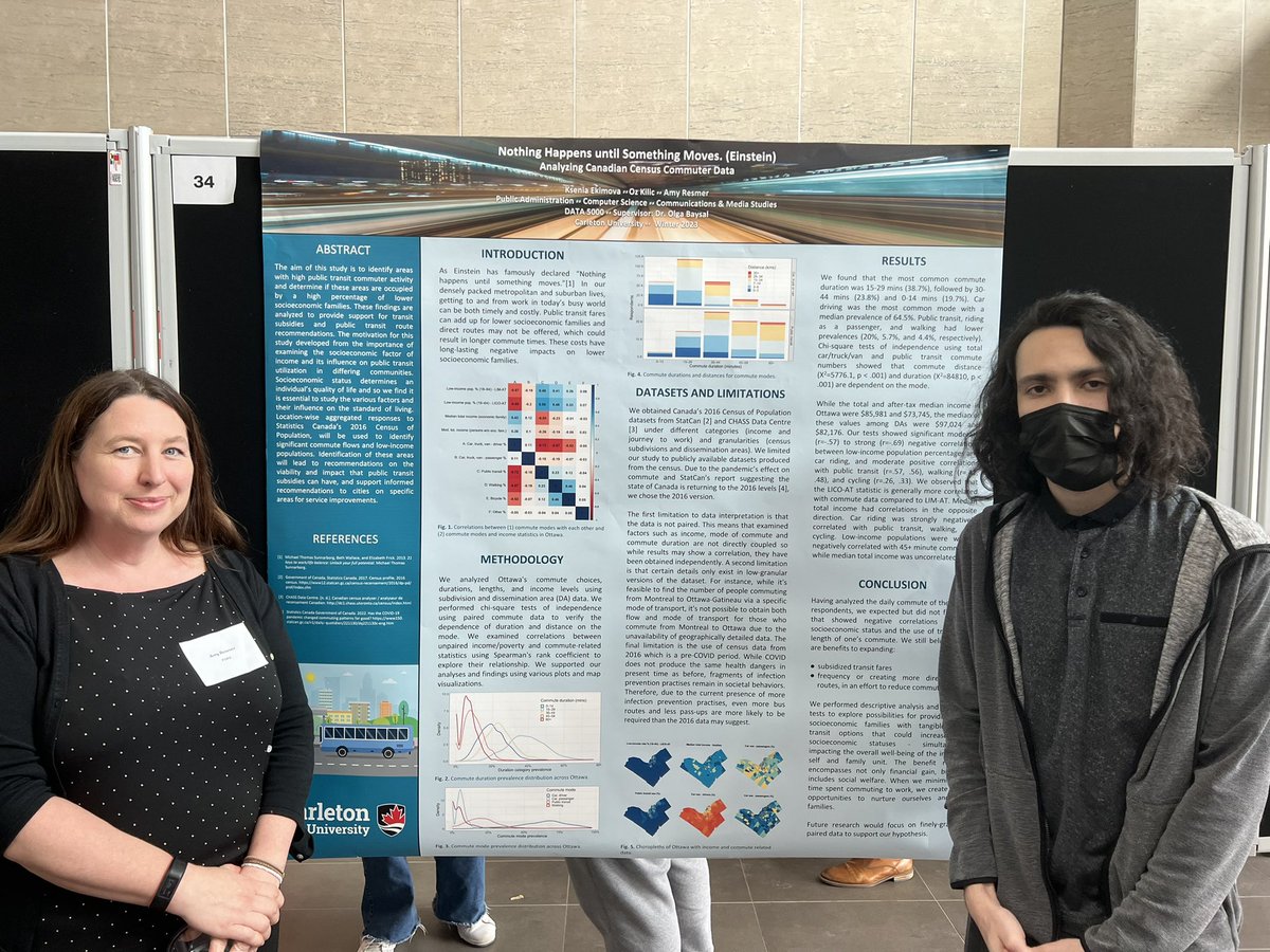 olgabaysal's tweet photo. #DataDay9 Poster: Amy Resmer, Oz Kilic and Ksenia Ekimova present their work on analyzing Canadian commuter data @CU_DataScience https://t.co/7aX4GHNfsn
